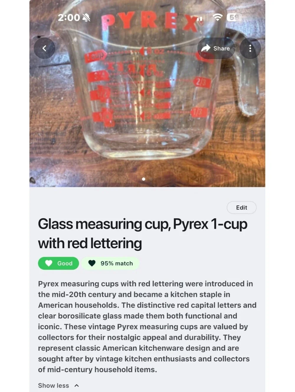 Vintage Pyrex 1-Cup Glass Measuring Cup with Red Lettering